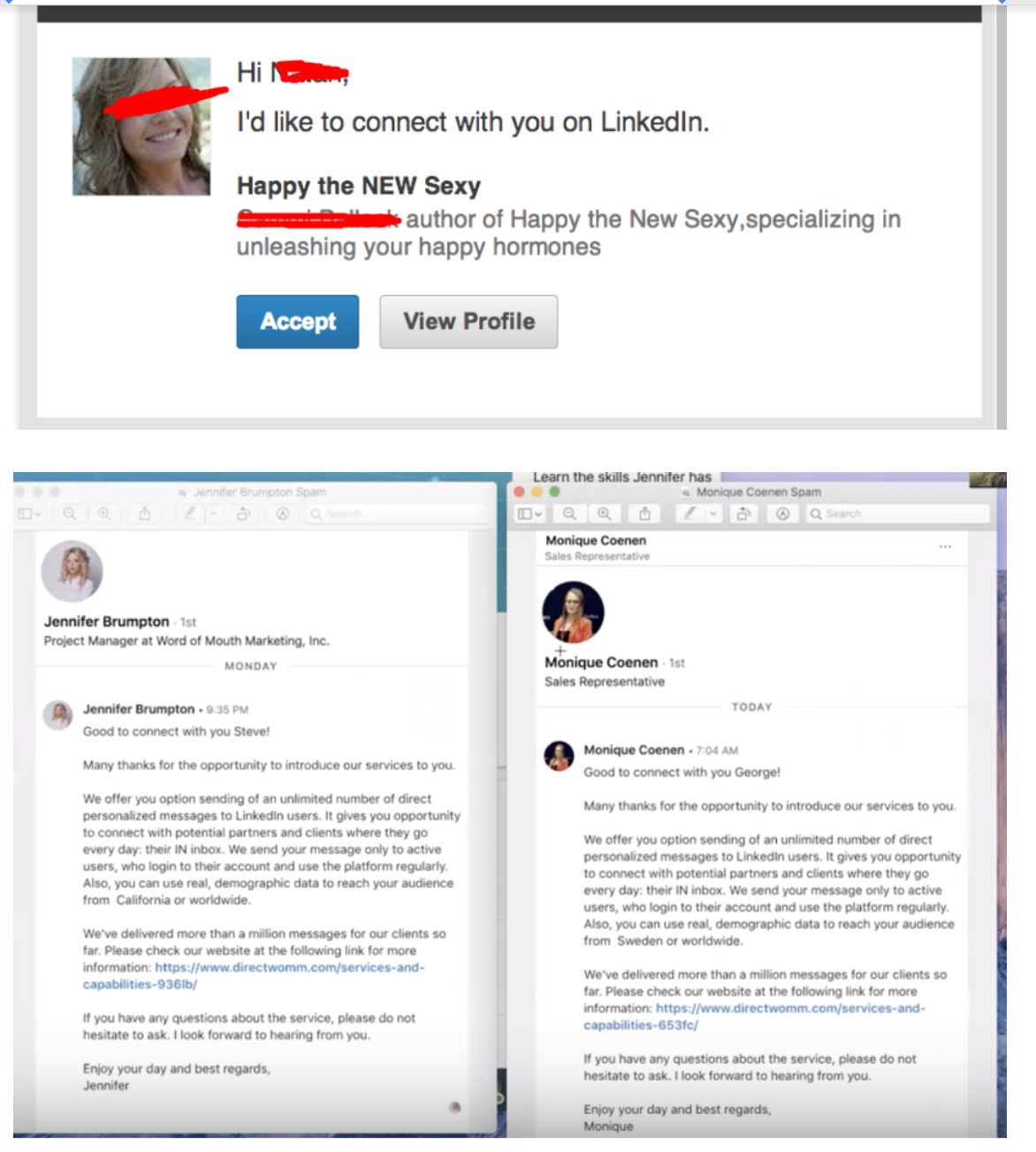 Example of spam messaging on LinkedIn