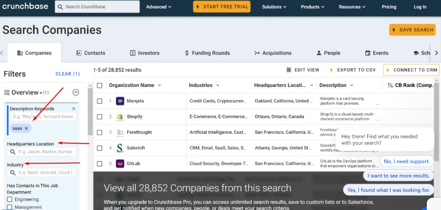 Crunchbase Crunchbase filters example