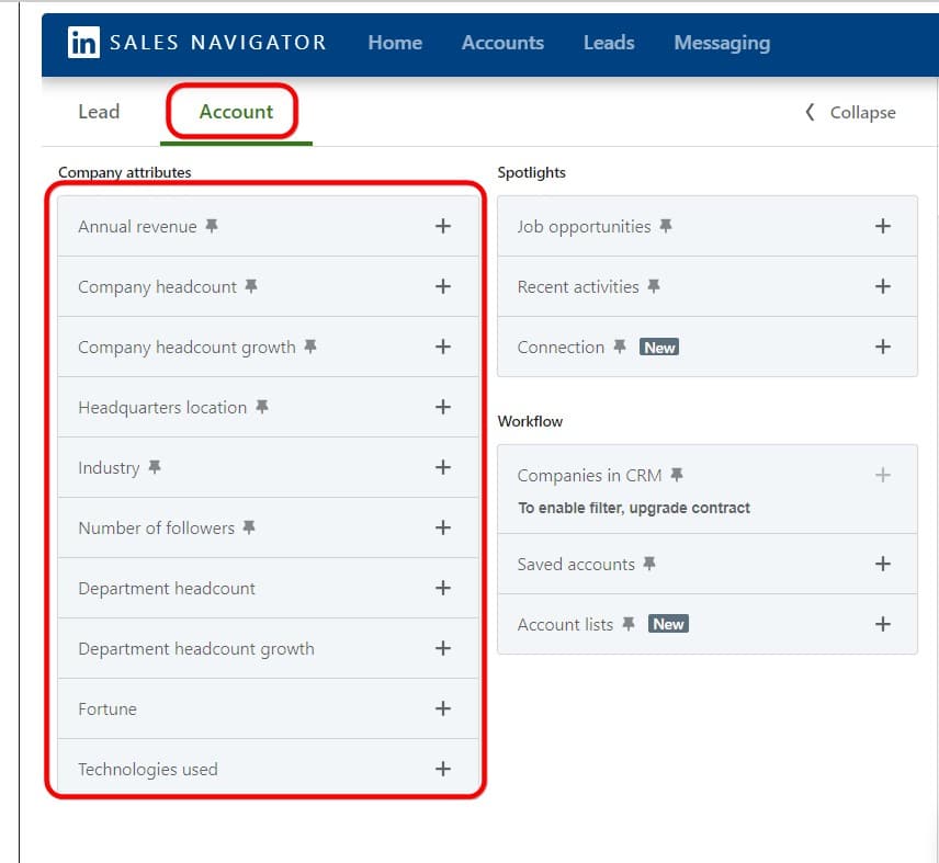 Linkedin sales navigator account filters