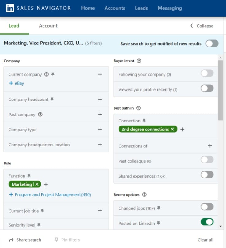 Linkedin sales navigator filters