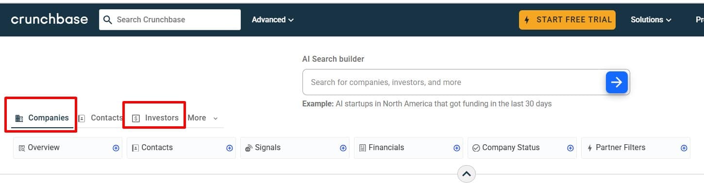 Crunchbase filters examples for fintech