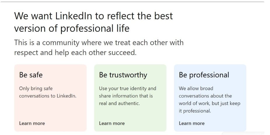 Image showing some of the LinkedIn community guidelines