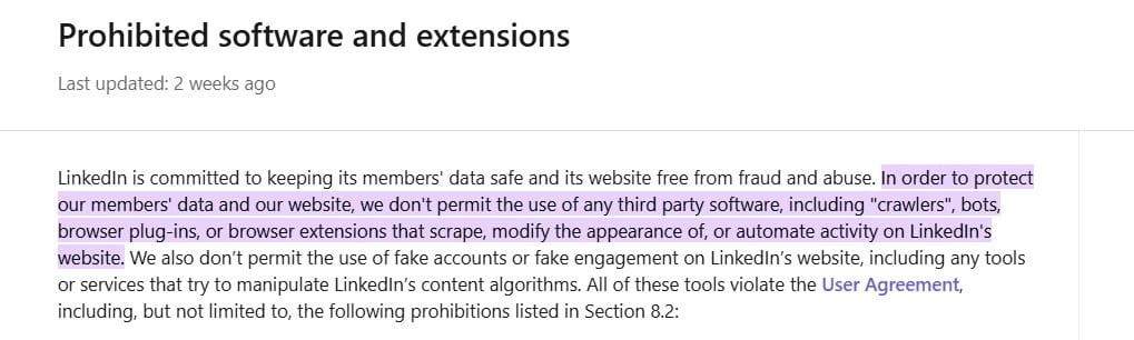 Screenshot showing LinkedIn's rules on automation tools