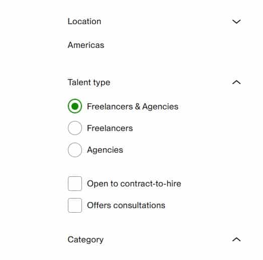 Example of Upwork filters for hiring a salesrep