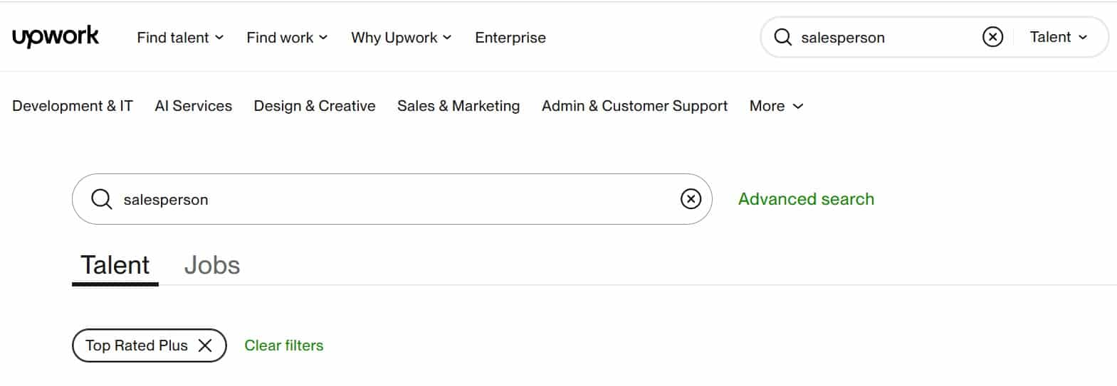 Example of an Upwork filter for finding a salesperson