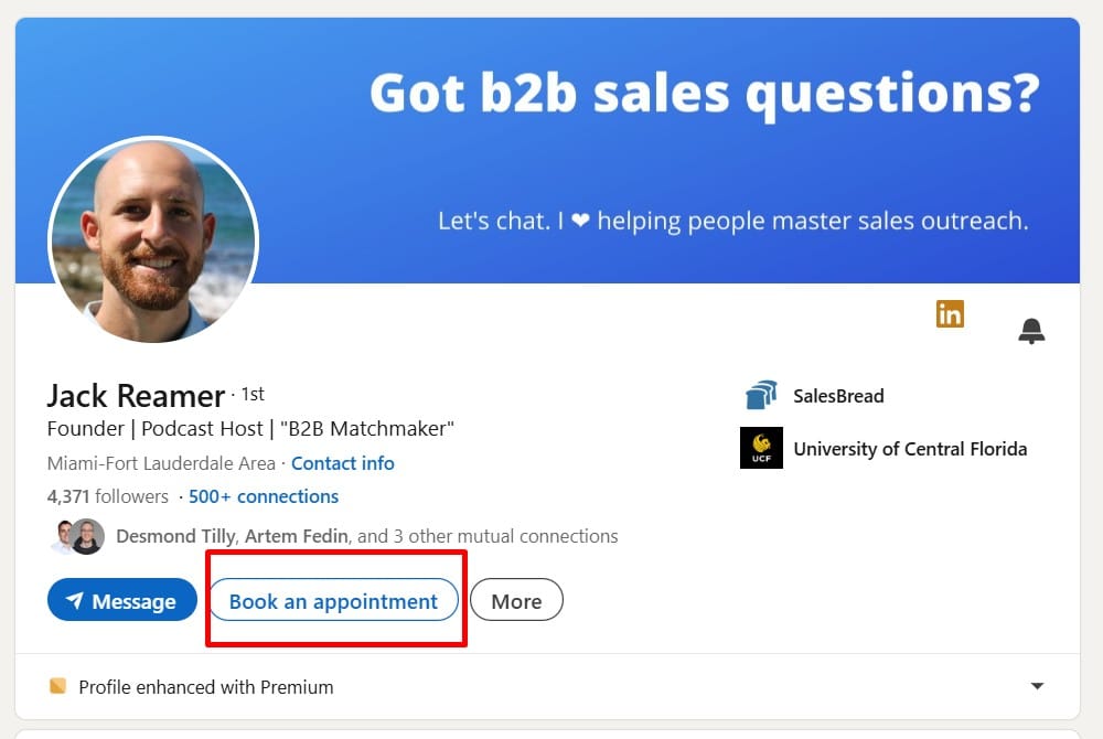 Example of book an appointment button on Linkedin