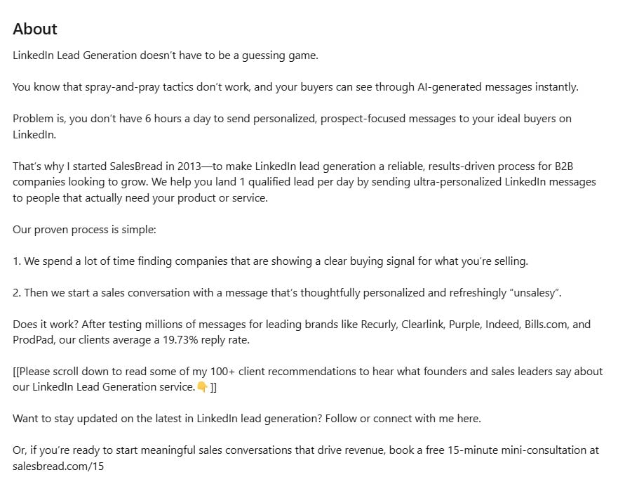 About section example on a LinkedIn profile