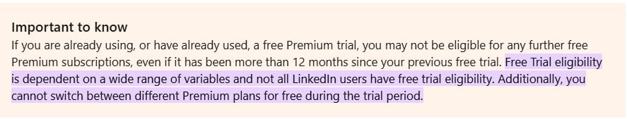 Screenshot showing LinkedIn Premiums free trial