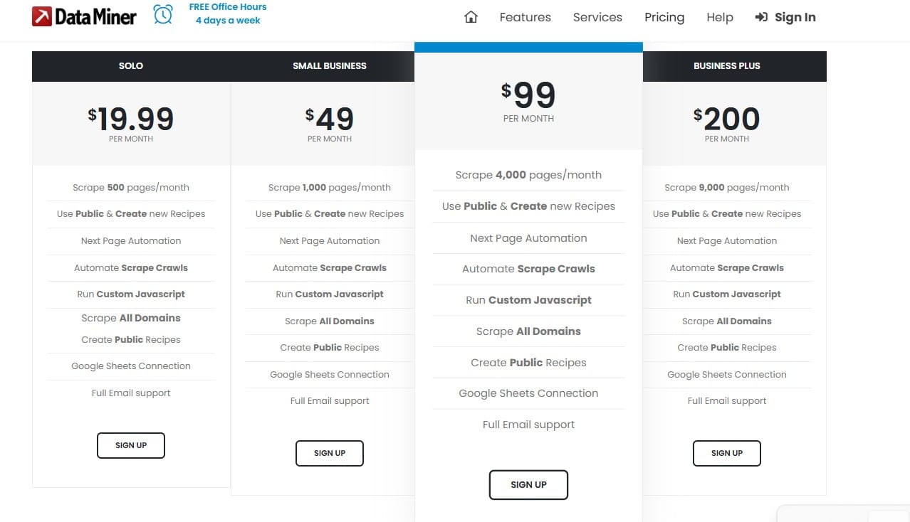 Screenshot of dataminer.io's pricing