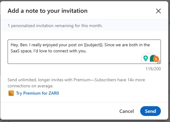 Linkedin connection request message example