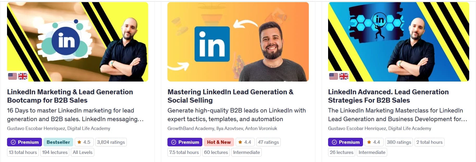 Different b2b sales Udemy courses