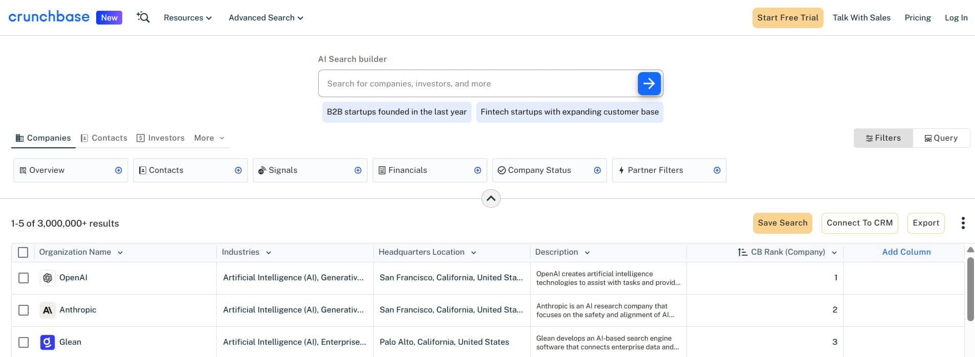 Crunchbase filters