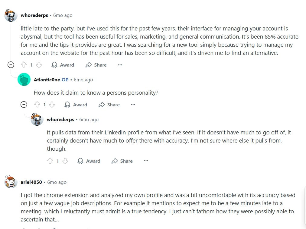 Screenshot showing what Reddit users had to say about Crystal Knows