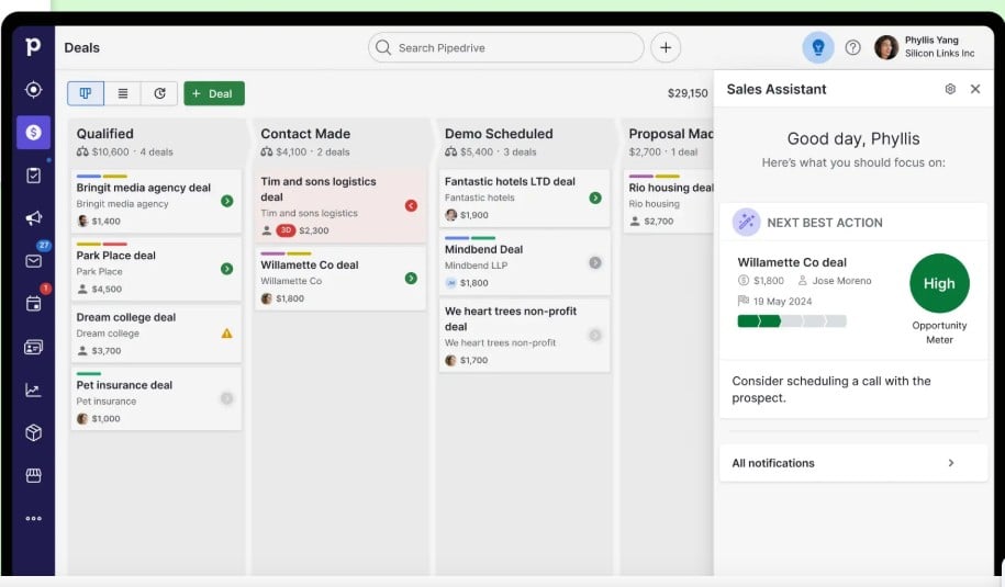 Screenshot of Pipedrives interface