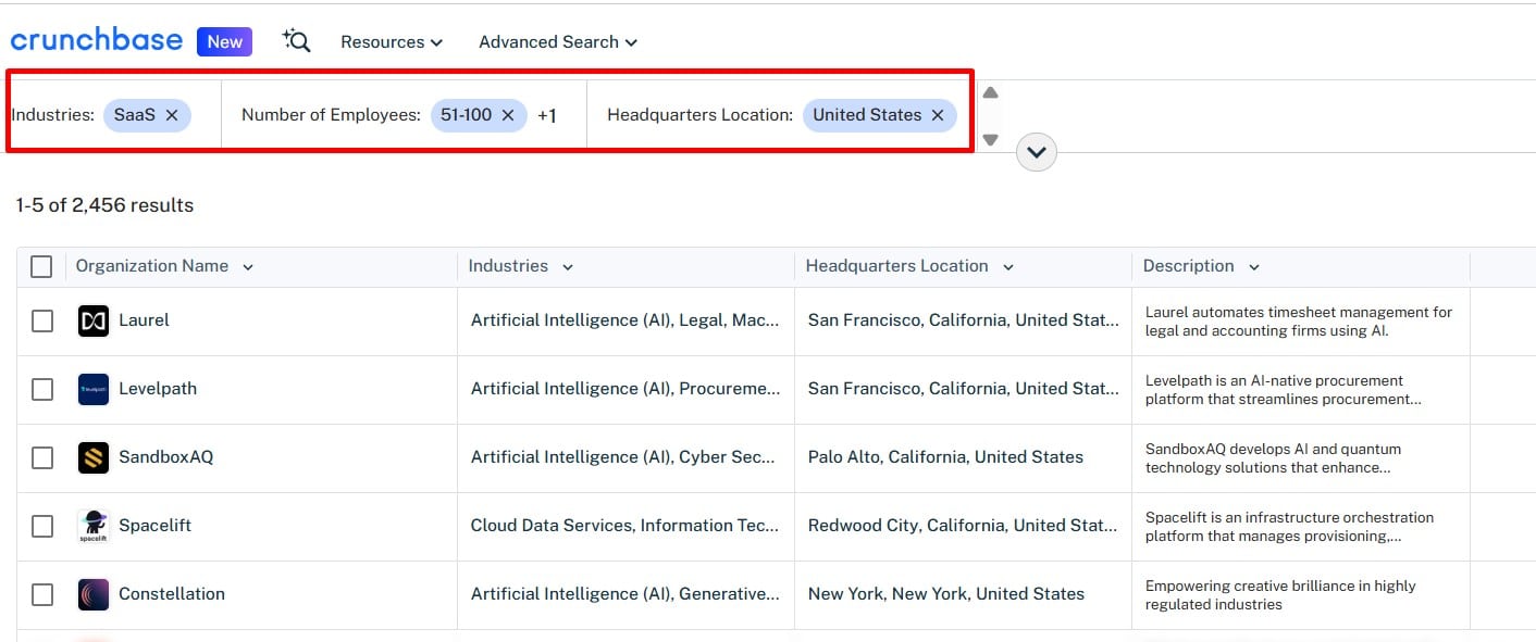 Crunchbase search example