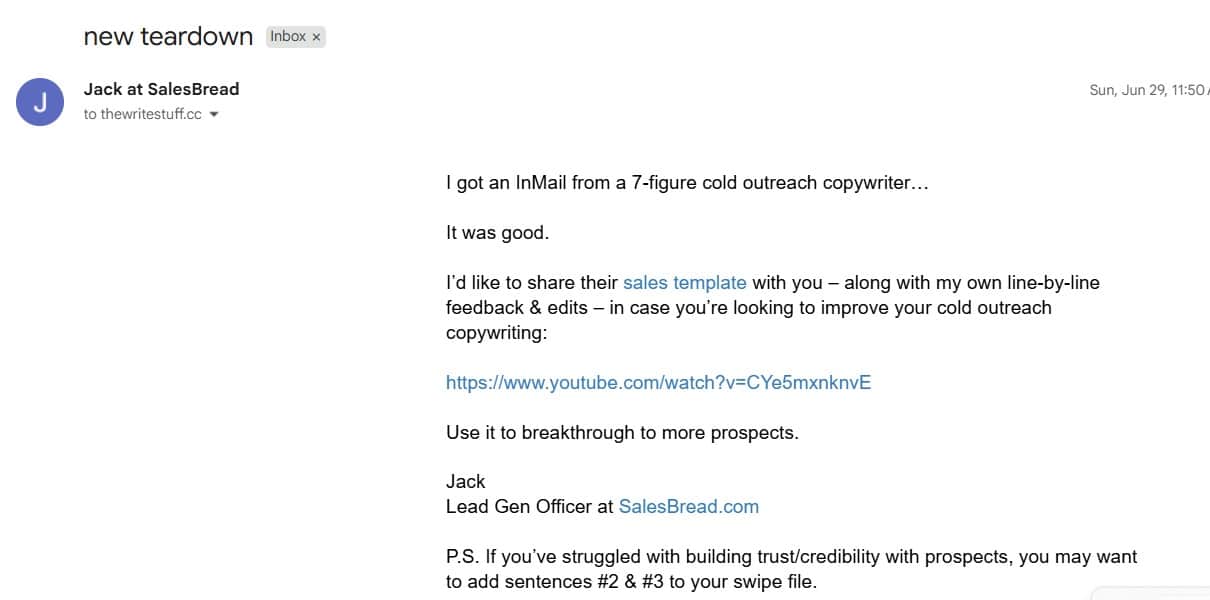 Jack Reamer cold email example