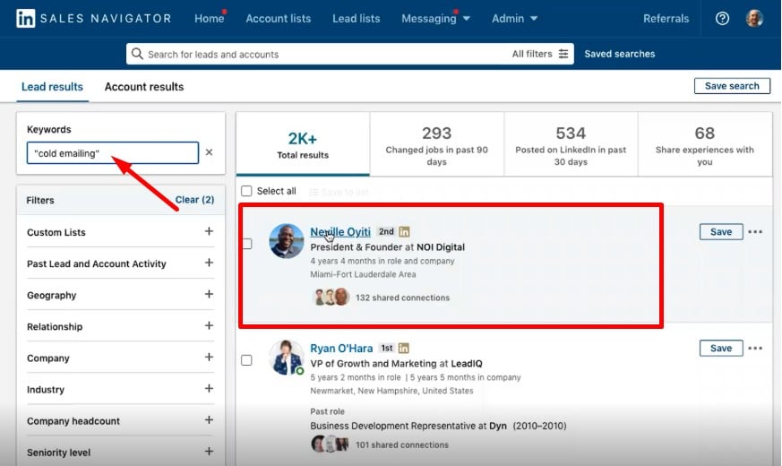 Keyword search example on LinkedIn