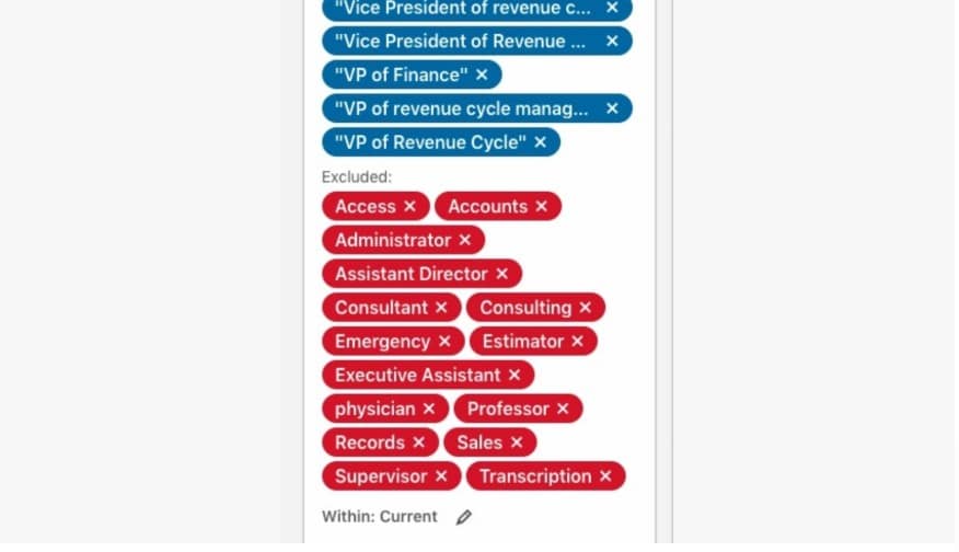 Negative keywords on LinkedIn search for job titles example