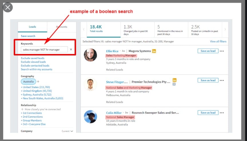 Example of a Boolean search negative keywords