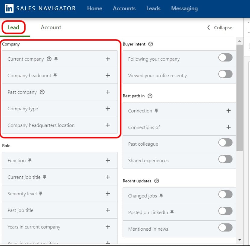 LinkedIn Sales Navigator Lead search filters
