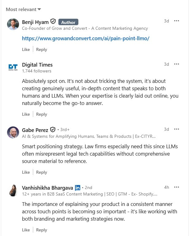 Screenshot showing people commenting authentically on LinkedIn posts
