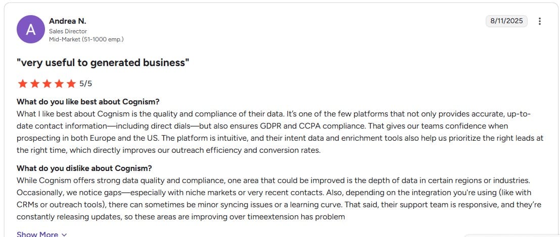 Cognism review screenshot