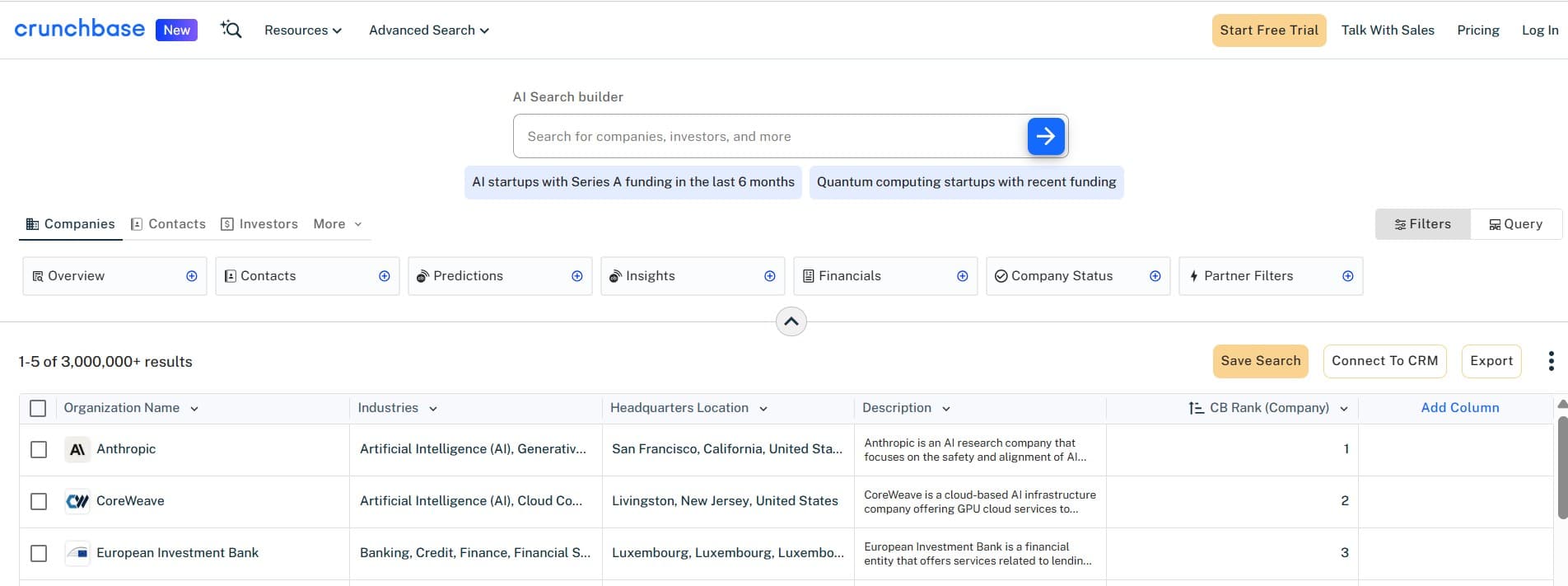 Screenshot showing Crunchbase filters