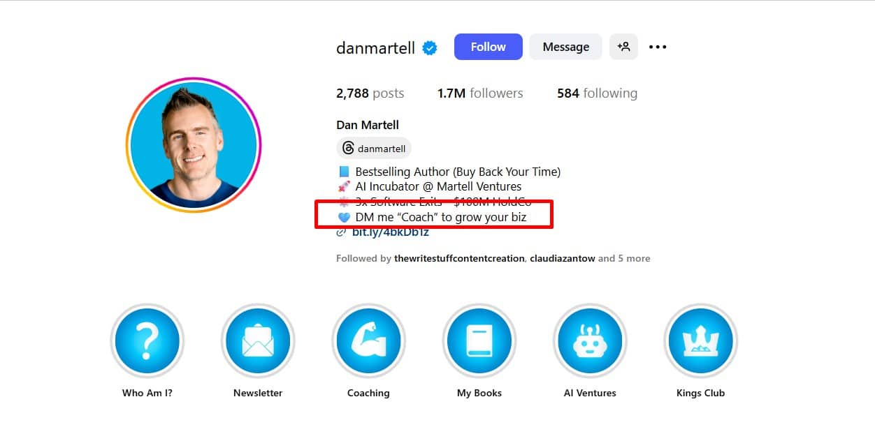 Dan Martel contact button on Instagram example