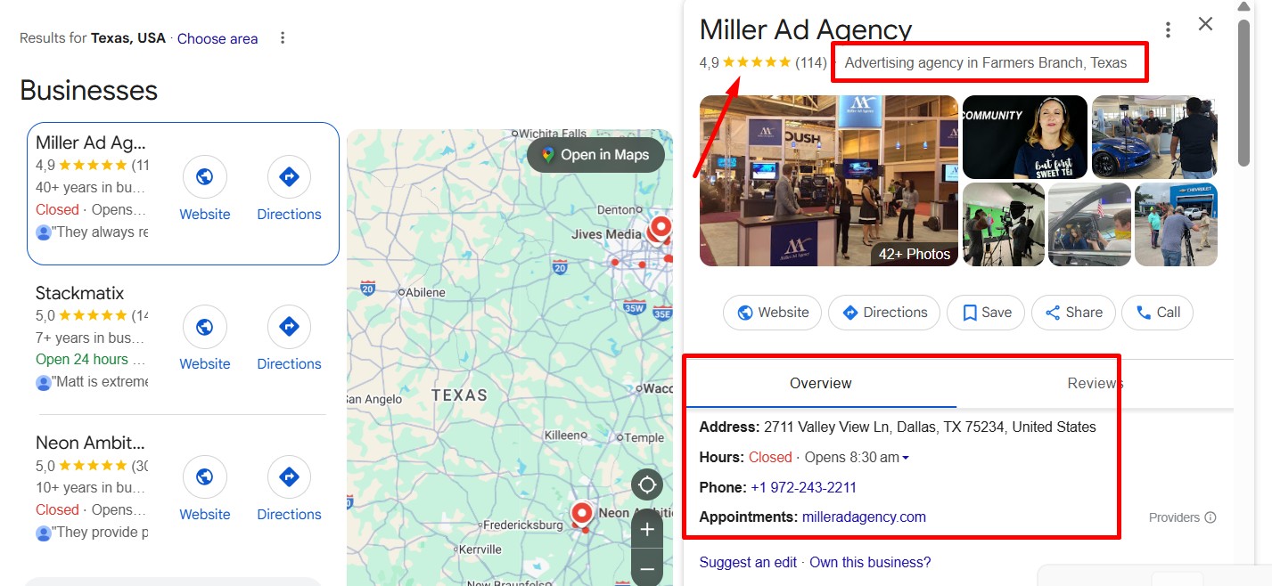 Google my business example for local lead gen