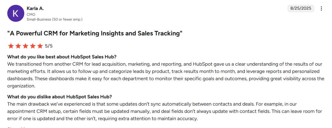 Hubspot Saleshub review screenshot