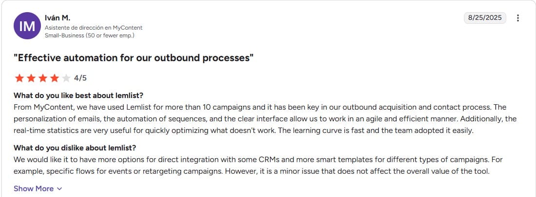 Lemlist review screenshot