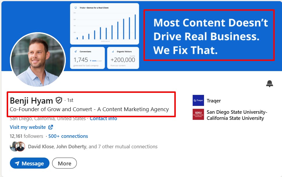 Grow and convert Linkedin profile example