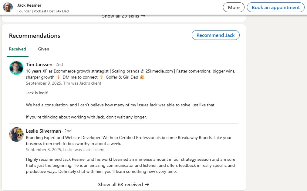 LinkedIn recommendations example