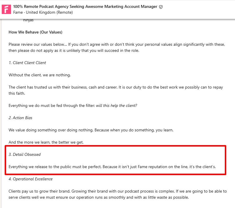Example of showing company values on LinkedIn