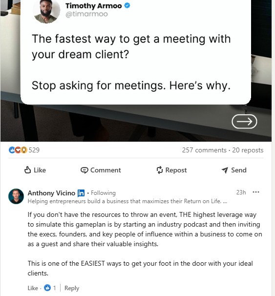 Example of commenting on LinkedIn posts