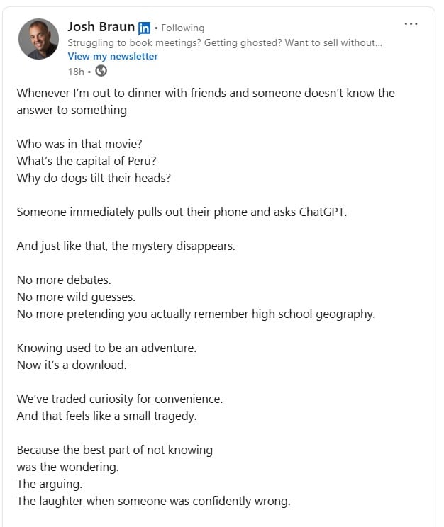 LinkedIn story telling example post