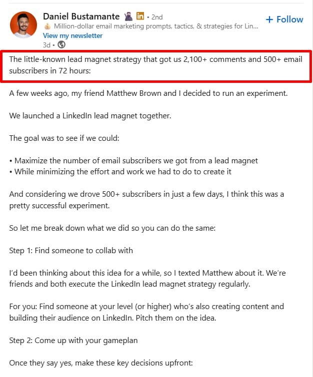 LinkedIn soft sell post example